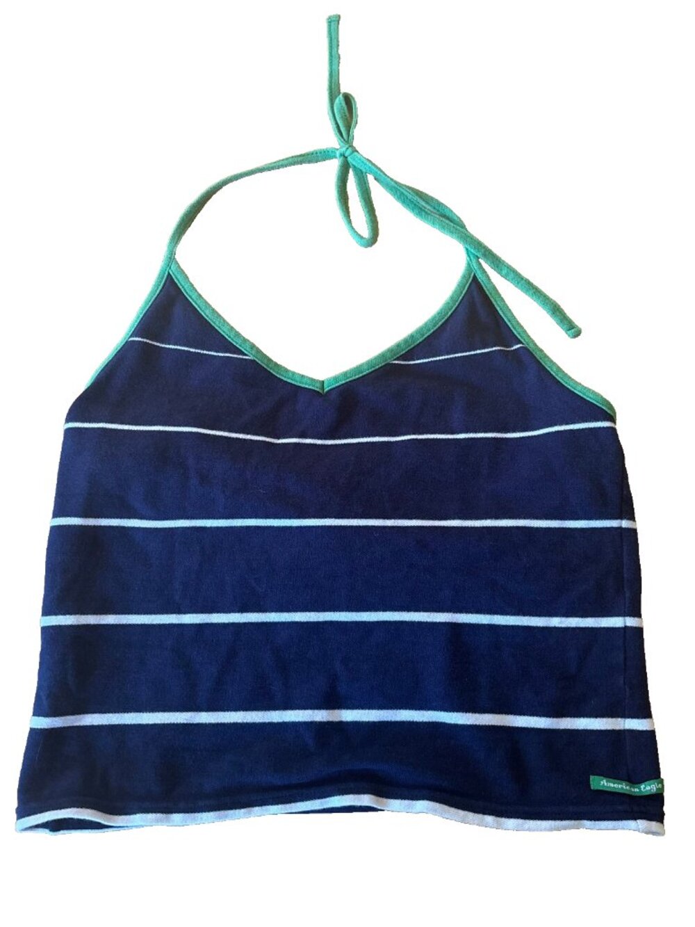 Blue White Cotton Striped Y2K Halter Top American Eagle Green Contrast Shelf Bra